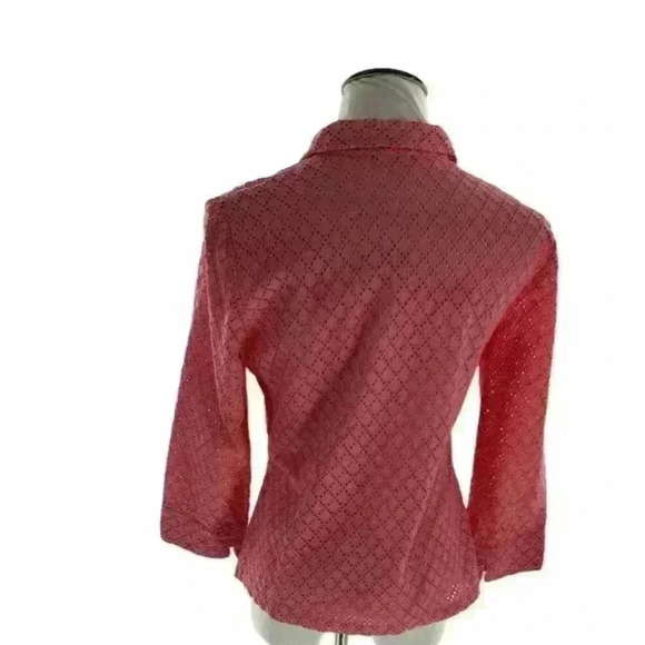 Sigrid Olsen Pink Orange Knitted Button-Up Eyelet Blouse Size Medium Top - Picture 5 of 7